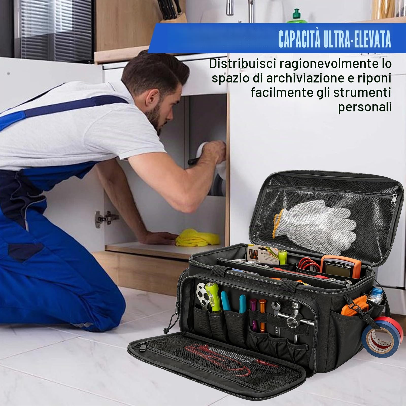 Borsa per attrezzi da uomo, borsa per attrezzi, per elettricisti, borsa per attrezzi, borsa per attrezzi impermeabile, per artigiani, falegnami, 36,7 x 21,5 x 20,5 cm