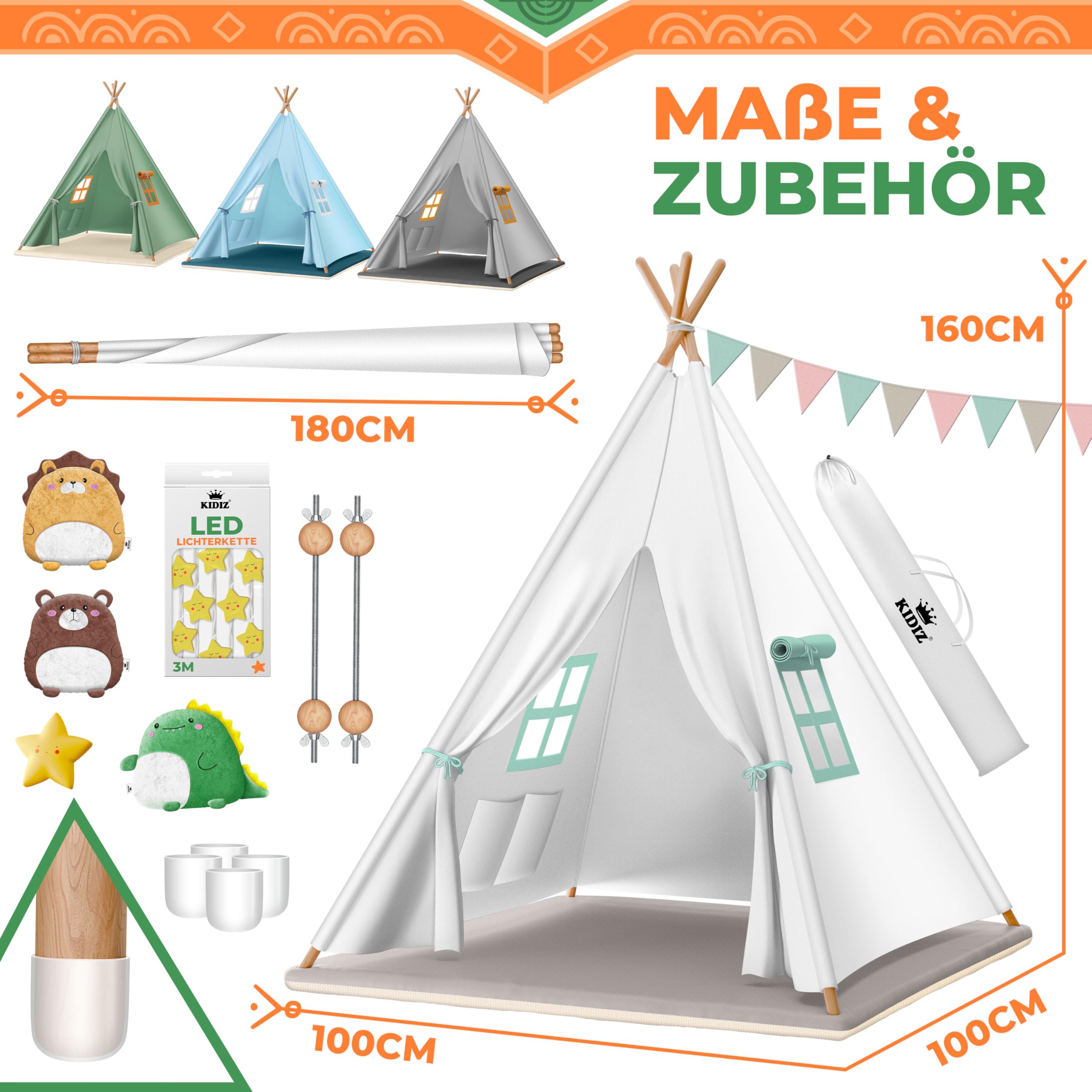 KIDIZ Tente de jeu pour enfant - 100 x 100 x 160 cm - En coton - Avec guirlande lumineuse LED, étoiles lumineuses, guirlande de drapeaux, 3 animaux en peluche, tapis et sac de transport - Pour