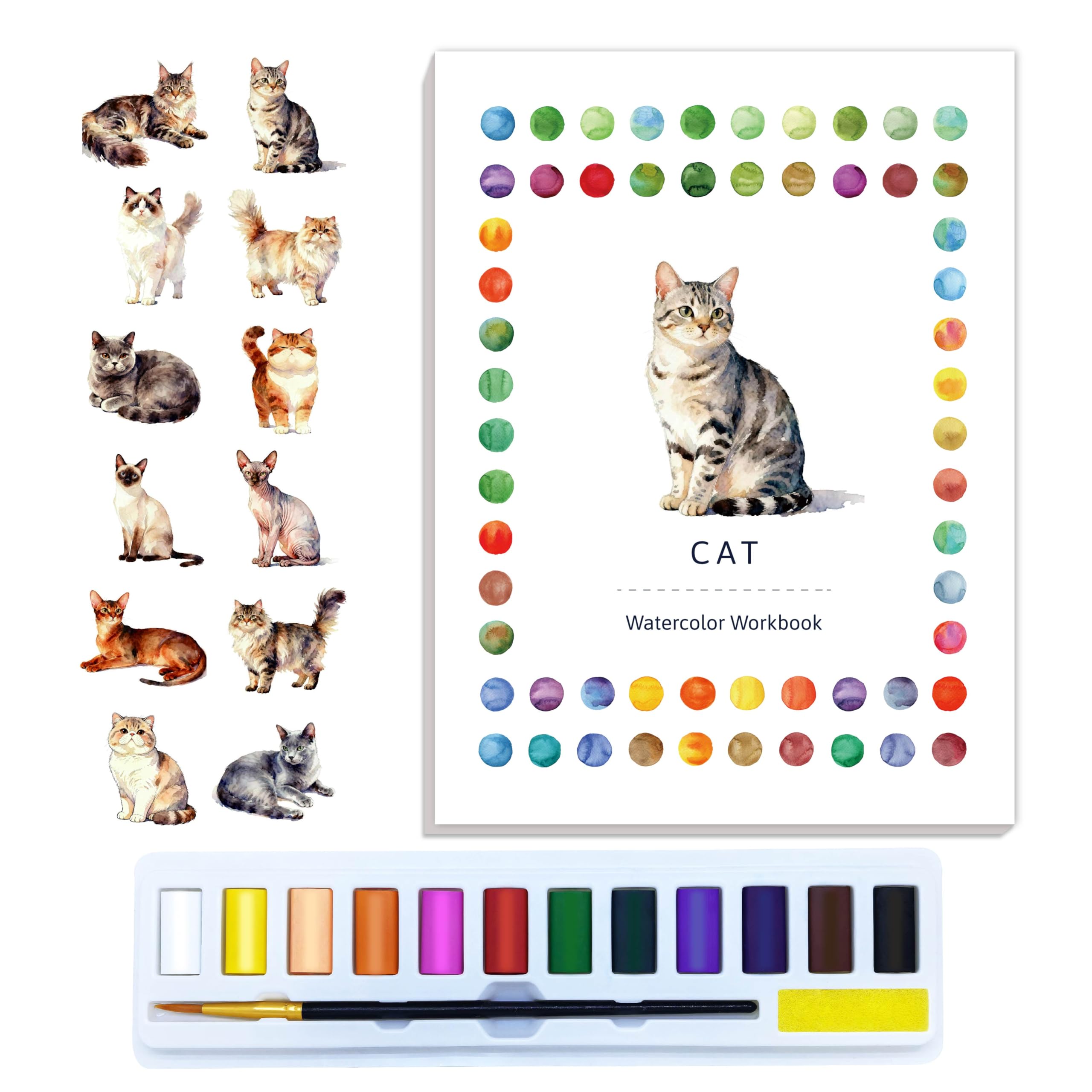 CraftyManor Watercolor Workbook Creative Insect Water Color Paint Book Set with Paints & Brush, 12 Patterns of Original DIY Designs, Beginner-Friendly Adult Coloring Books (Cat) — image 1