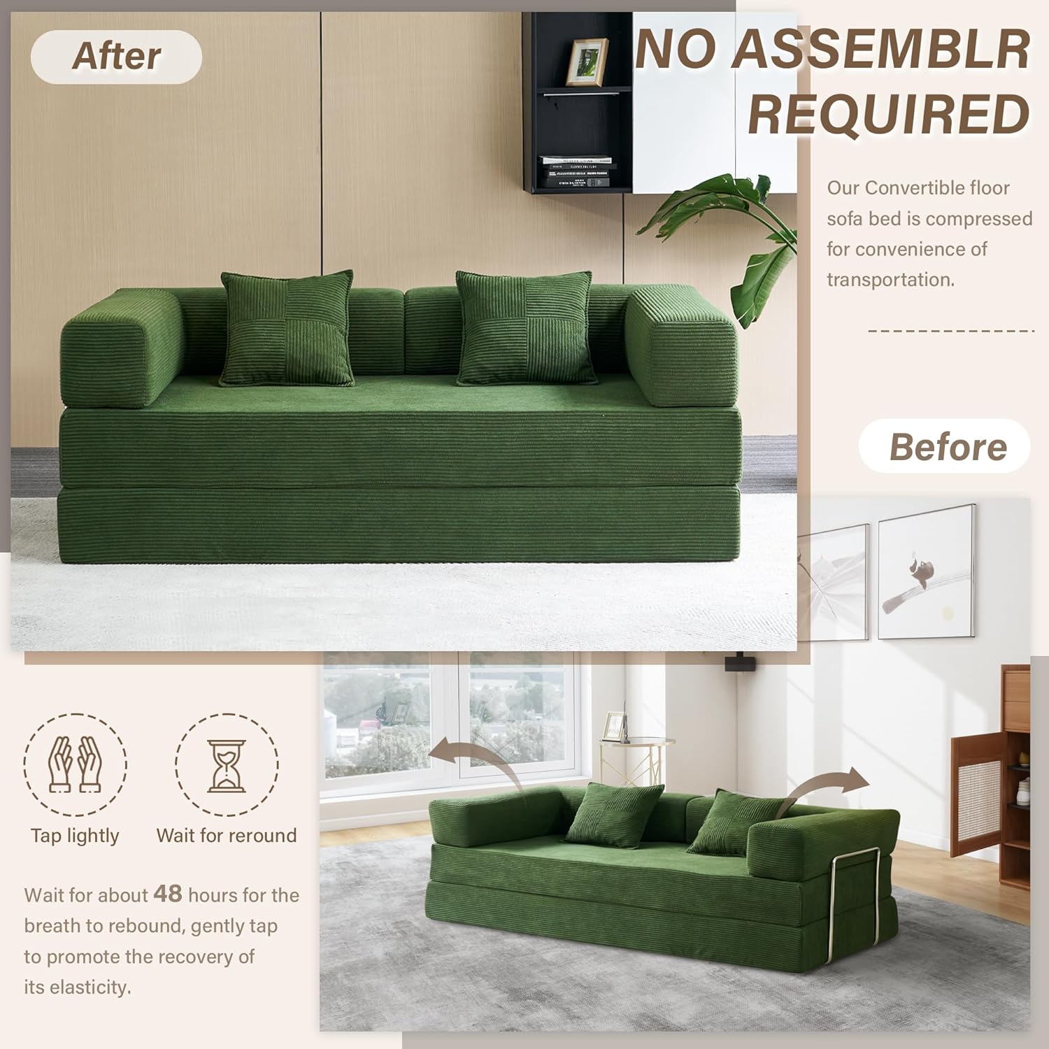 Convertible Sleeper Sofa - 78'' Folding Floor Couch - Foldable Sofa Bed - Memory Foam Couch - Compressed Convertable Sleeper Sofa - Floor Sofa Lounge Sofa Bed for Living Room - Green