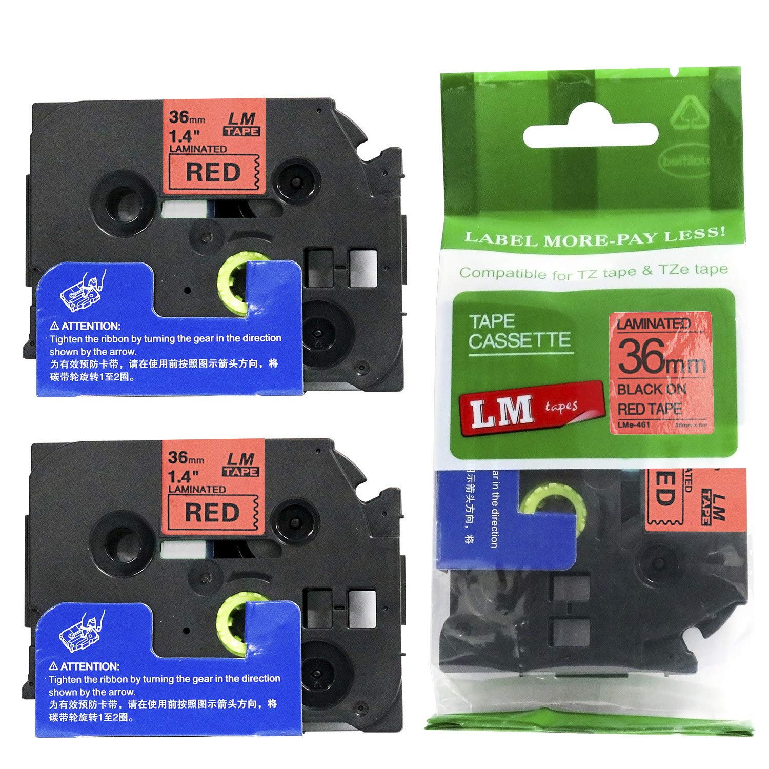 2/Pack LMe461 Premium 1.5" Black Print on Red Label Tape, Compatible with Brother TZe-461 P-Touch Tape 36mm Laminated Replacement Label Tape.