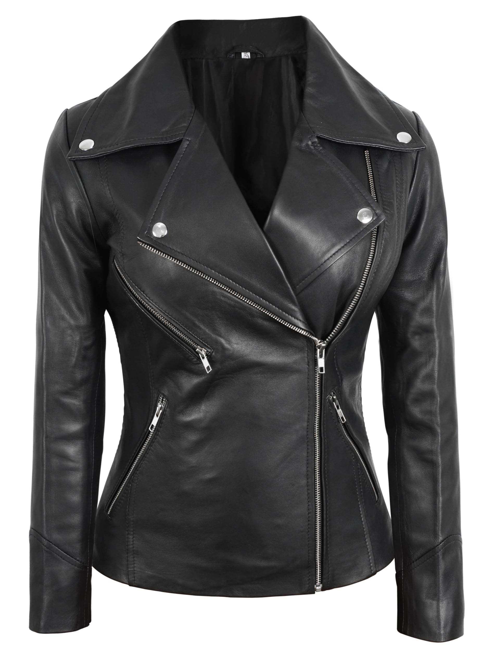 Skyseller Ladies Slim Fit Motorcycle Jacket Black - Women Lambskin Leather Jacket