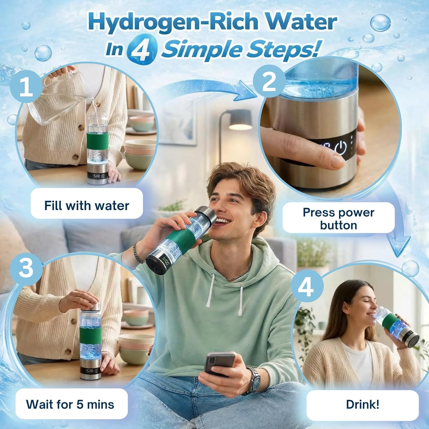 Hydrogen Water Bottle, Rechargeable Sports Water Bottle with Hydrogen Infusion Technology, Portable Hydration Bottle for Gym, Fitness & Travel