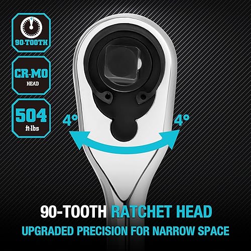 Miniatura 13 de DURATECH Trinquete de mango extra largo de 3/8 pulgadas, llave de trinquete de 90 dientes con mango de 12 pulgadas y cabeza cerrada a prueba