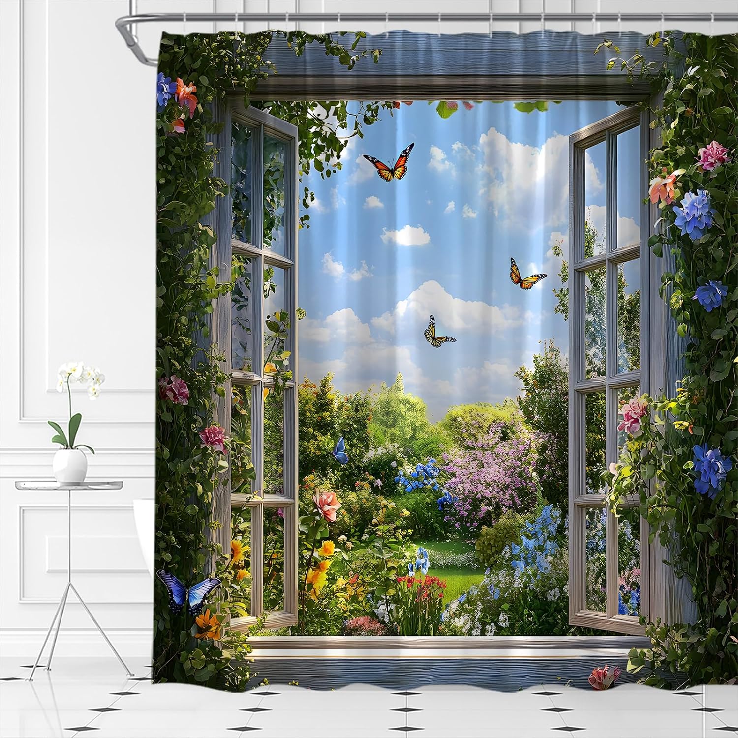 AMFD Garden Shower Curtain Butterfly Flower Spring Window Scenery Nature Landscape Bathroom Curtains Decor Fabric Set Include Hooks,(70" Wx84 H)
