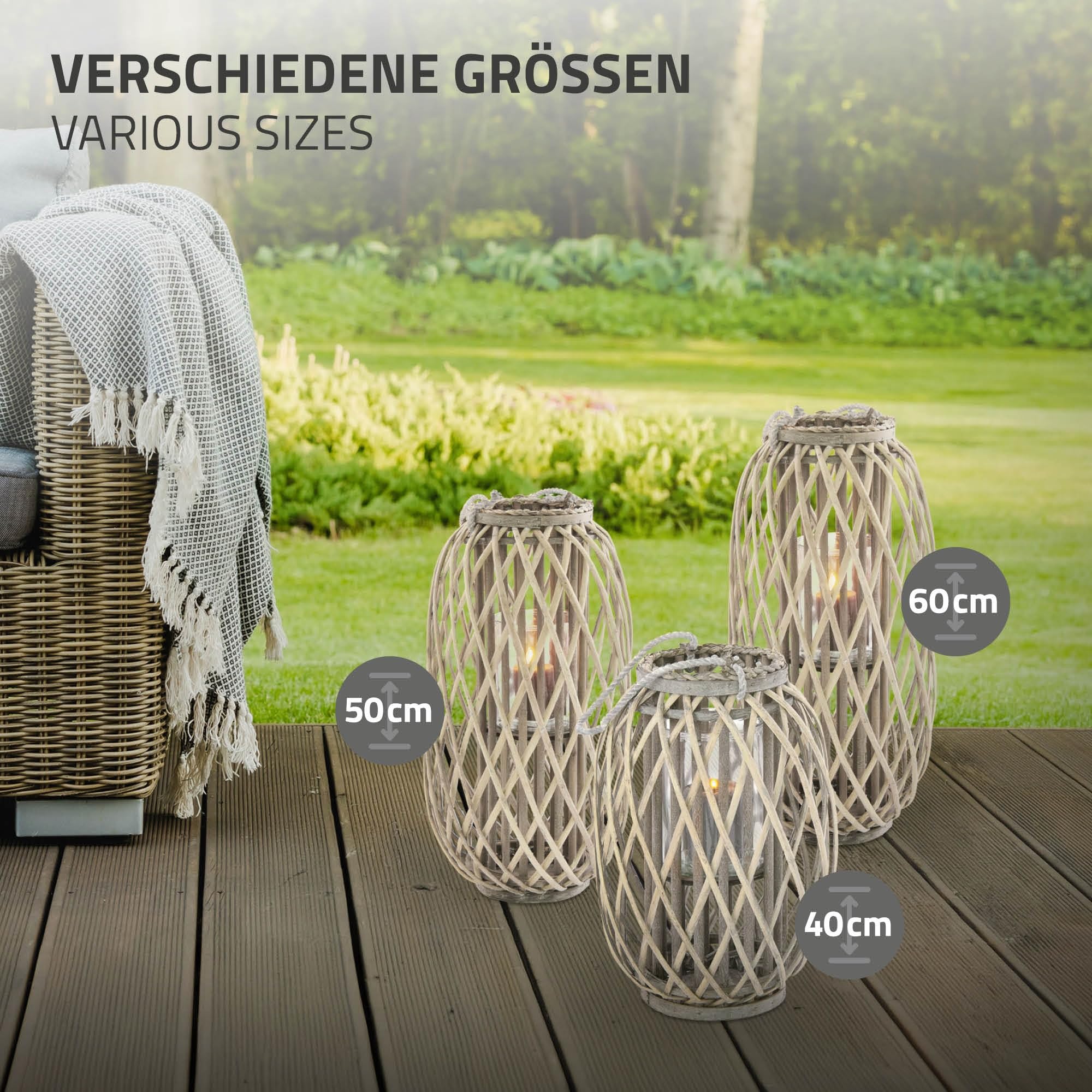 ECD Germany Lanterne Rotin 60 x Ø30 cm Poignée Bois Naturel Gris/Marron Décoration Rétro Vannerie Jardin Extérieur