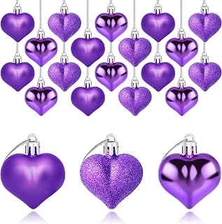 24 PCS Heart Ornaments 3 Different Finishes Heart Shaped Hanging Ornaments for Valentine’s Day Wedding Christmas Tree Mother's Day Anniversary Party Decoration (Purple)