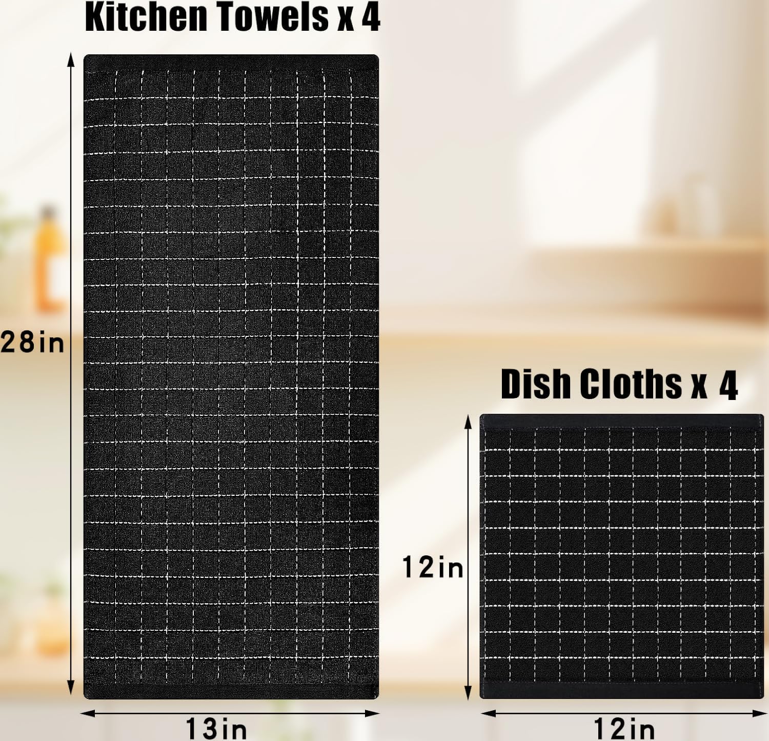 Homaxy Küchentücher und Geschirrtücher Set, 12 Stück, Schwarz | Bulk Baumwoll-Frottee-Küchentücher, kariertes Design, weich und super saugfähig, 30,5 x 30,5 cm und 33 x 71,1 cm