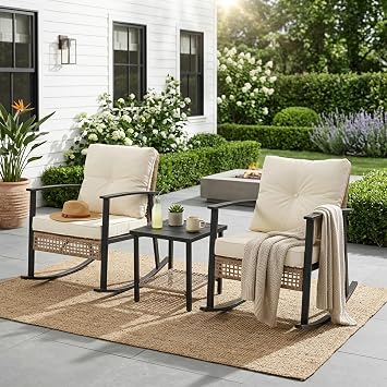 3-Piece Outdoor Rocking Chairs Set of 2 with Coffee Table Patio Furniture Set with Thick Cushions, Wicker Rocking Chairs for Porch, Garden, Backyard, Balcony, Beige