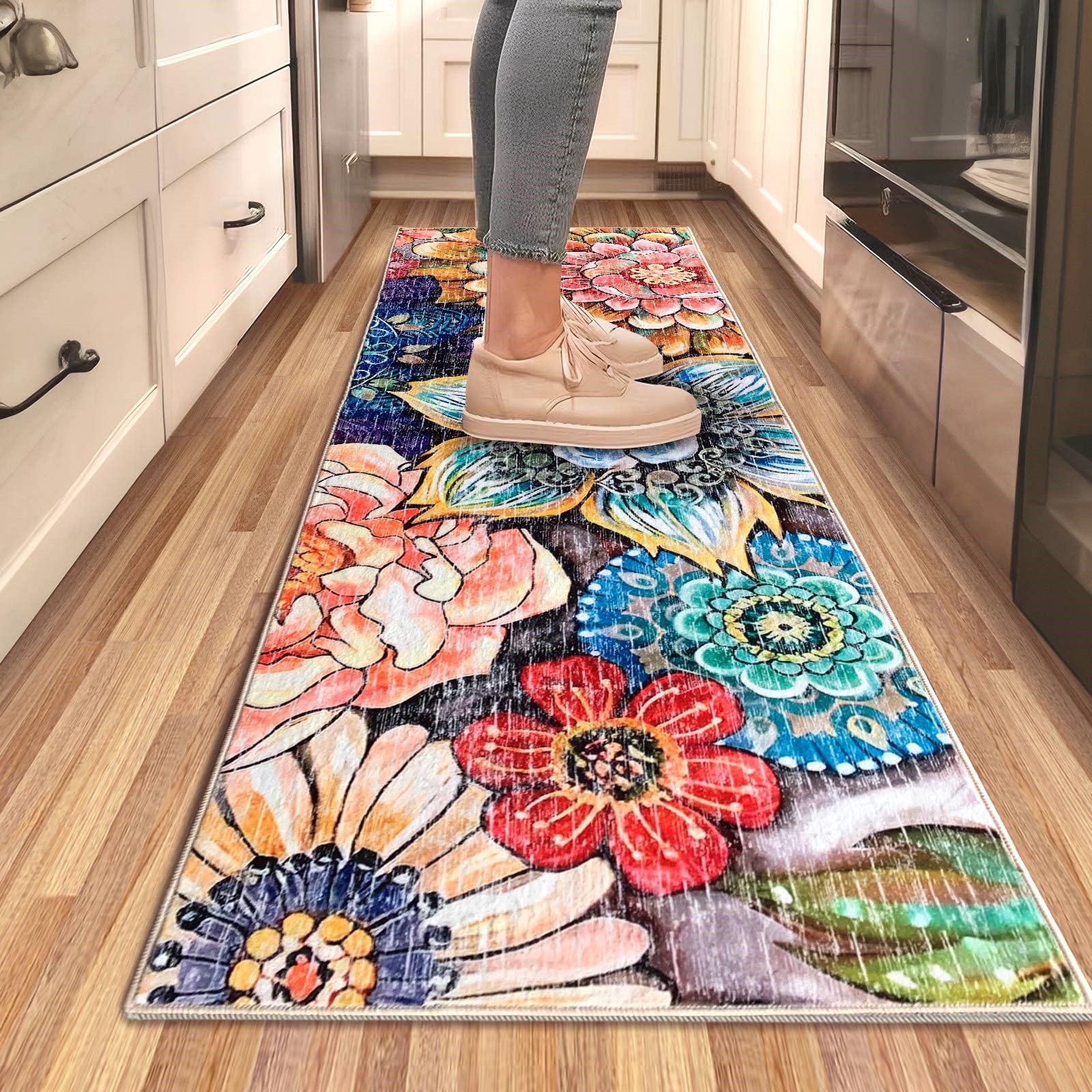 ComfyDwel Boho 2'X6' Runner Rug for Hallways Kitchen Non-Slip Rubber Backing Vintage Bedroom Floor Floral Runner Rugs Washable Flower Area Rug for