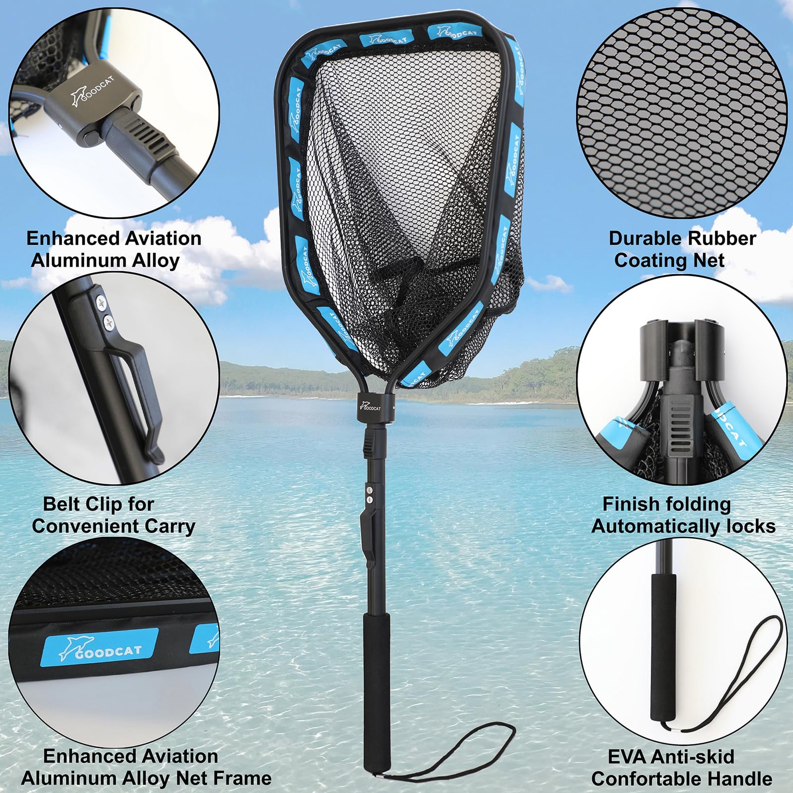 GOODCAT Floating Fishing Net with Magnetic Release, Foldable Landing Net for Kayak Boat Shore Fishing