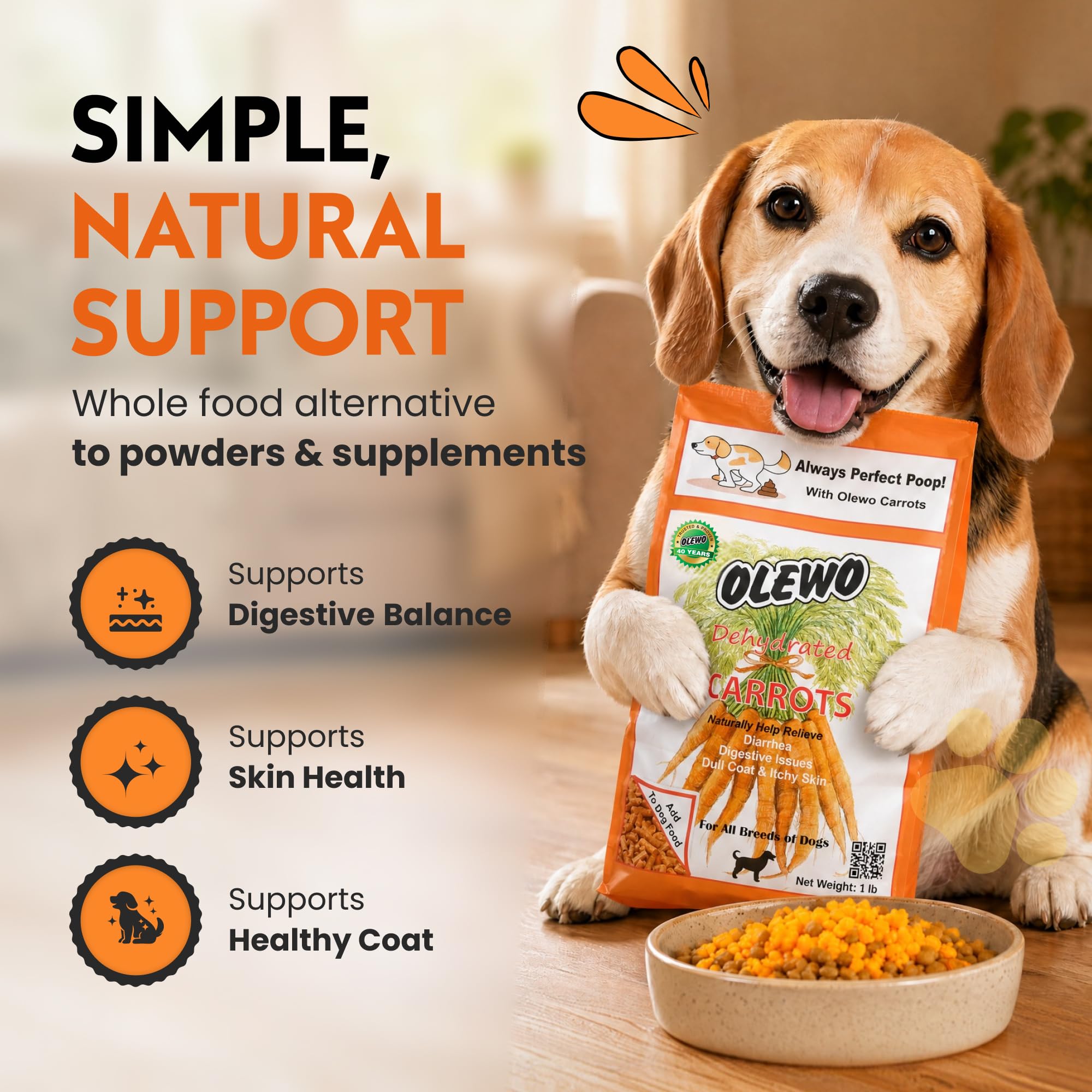 Olewo Carrots Dog Food Topper for Digestive Support & Firm Stools 1 lb | Real-food digestive support. Whole-food alternative to powders blends & synthetic supplements. Made in Germany. product thumbnail 6