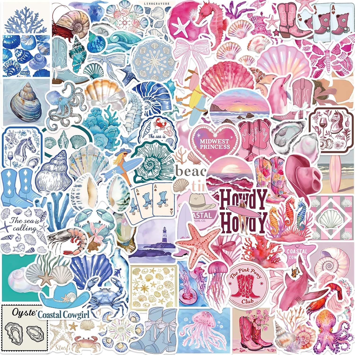 100PCS Aesthetic Coast Stickers for Kids Teens Adults, Ocean Beach Theme Stickers Decoration for Laptop Journal Scrapbook, Vinyl Waterproof Sticker for Water Bottles Luggage Party Supplies(Blue&Pink)-image-8