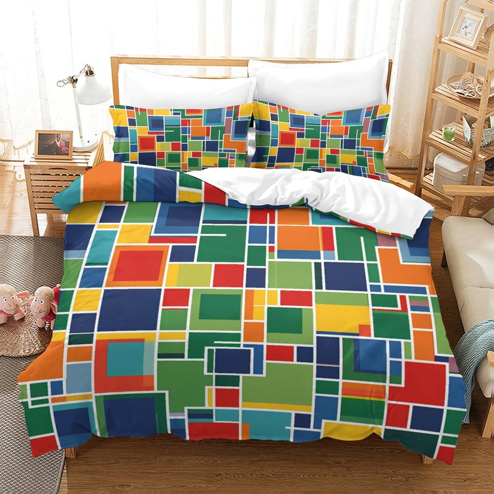 Housse de couette respirante 200x200 en microfibre super douce blocs colorés
