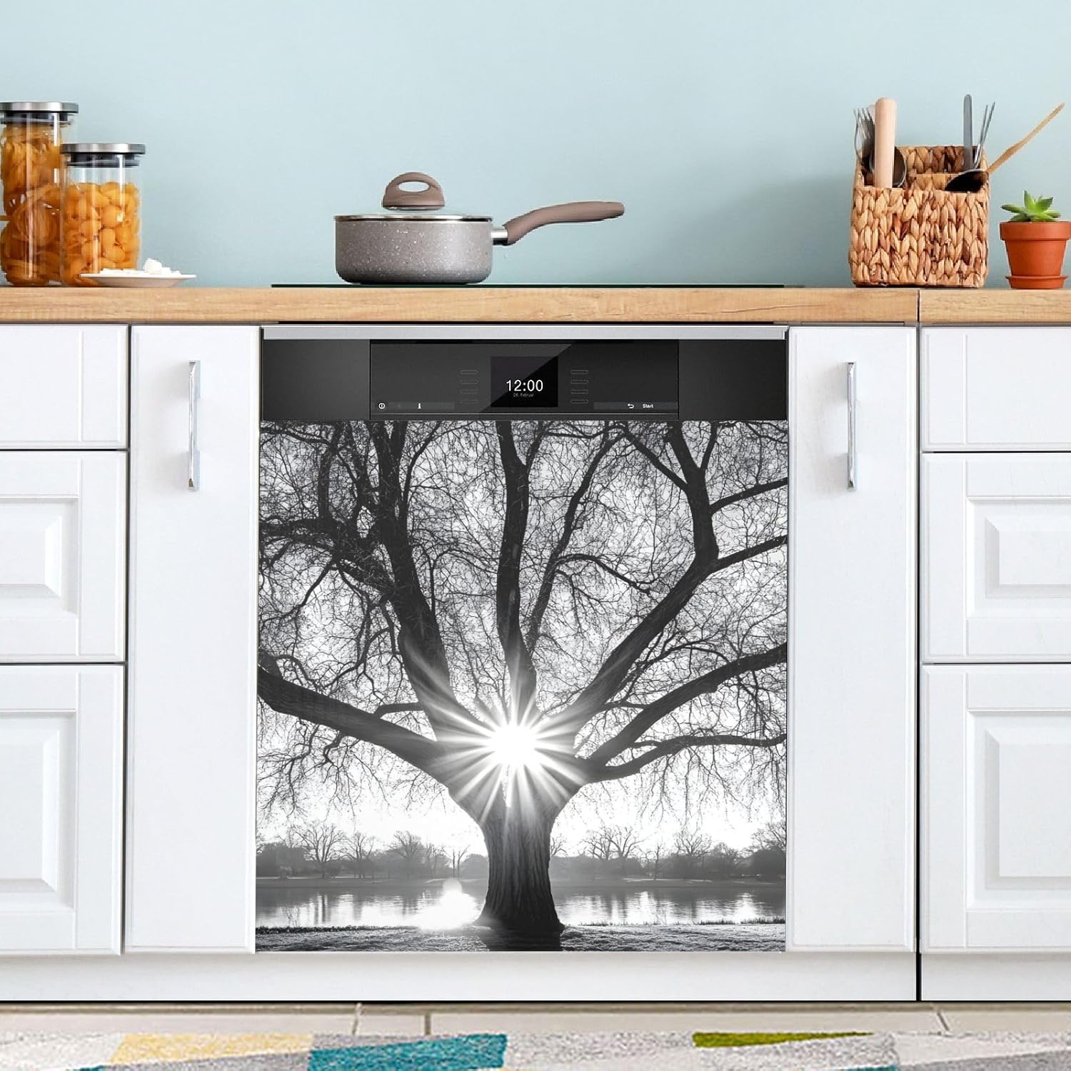 Tree Sunrise Black White Dishwasher Magnetic Cover Refrigerator Magnetic Cover Magnetic Sticker Dishwasher Door Panel Cover Fridge Appliance Magnetic Sheet Kitchen Art Decor 23x26 inch