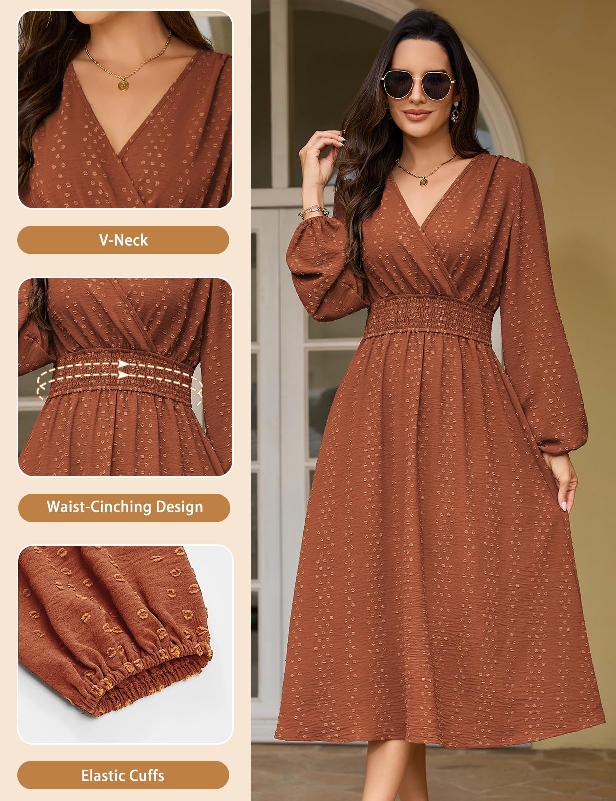 Robe Longue Femme Élégante Manches Longues | Col en V,Manches Lanterne,Taille Haute,Taille Élastique,Détail Pompons,Printemps,Automne,Hiver,Wrap,Bureau,Vacances
