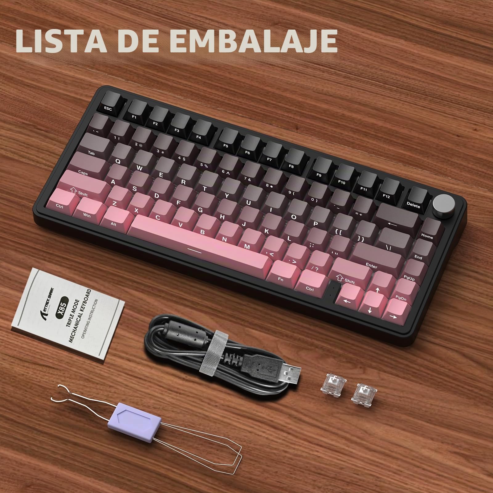 ATTACK SHARK X85 Teclado mecánico de Junta con Perilla, 75% (BT5.0/2.4G/USB-C) Teclado inalámbrico para Juegos y Acolchado de Cinco Capas, RGB, 5000 mAh, Teclas PBT con impresión Lateral (Rosa)