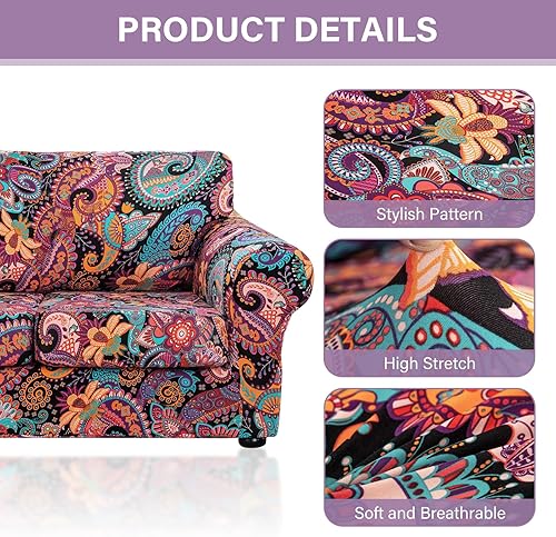 Miniatura 3 de Lamberia Funda de sofá estampada para sillón de 2 cojines, funda de sofá de alta elasticidad de 3 piezas con dos fundas de cojín separadas con parte