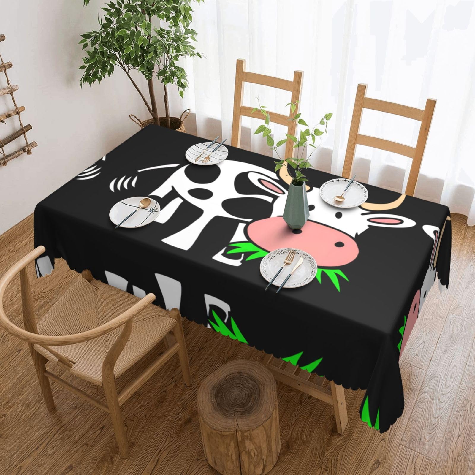 QAZWZML cute cow Printed tablecloth, made of thick polyester with lace trim, suitable for dining rooms, picnics, and weddings