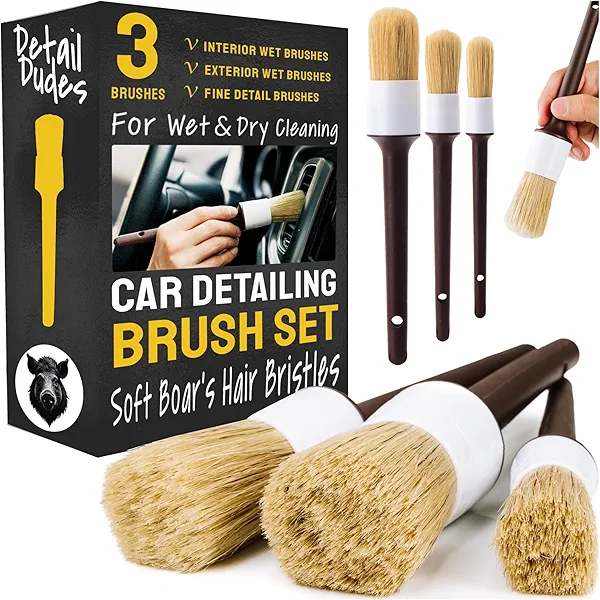 Detail Dudes Soft Boar Hair Car Detailing Brush Set - Pack of Three, Brown - Versatile Use for Car Detailing Kit - Soft Bristles Cleaning Brush - Water-Resistant Handles