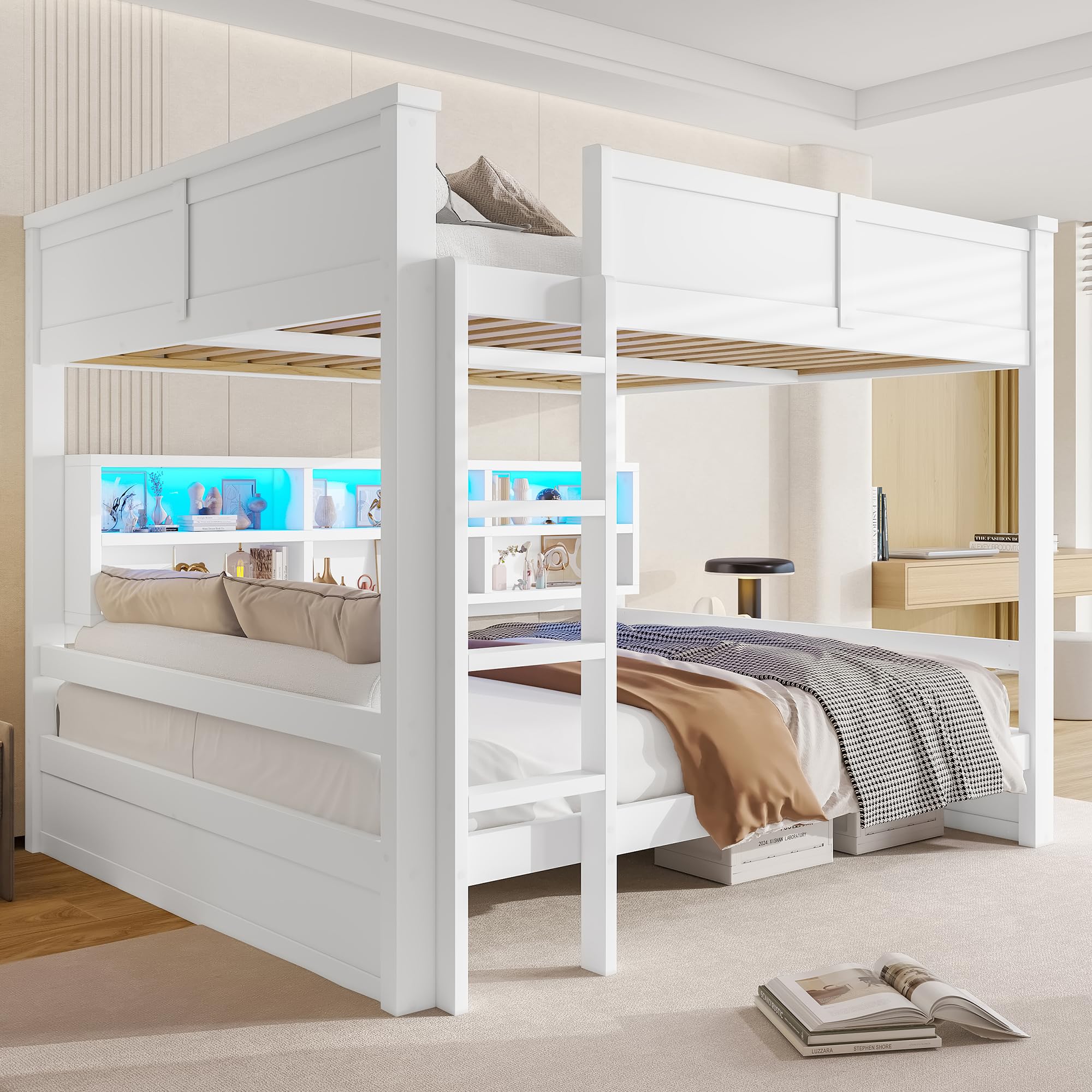 Letto a Castello 160x200 con Scaffali Portaoggetti e illuminazione a LED, Letto Matrimoniale con Rete a Doghe in legno, Protezione anticaduta, Strutture per letti per Bambini e Ragazzi(Senza Materasso