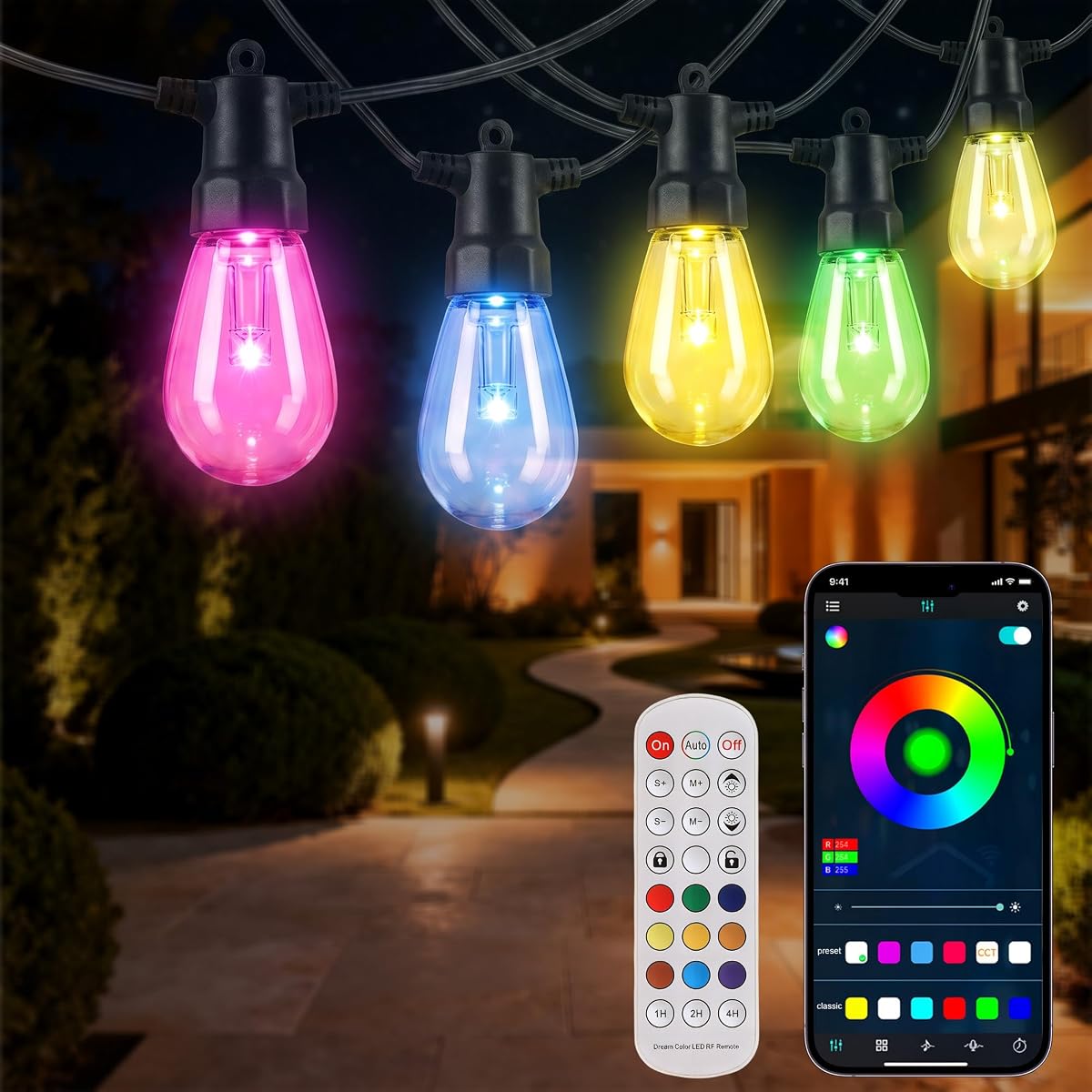 50FT RGB Smart Outdoor String Lights, Bluetooth & Remote Patio Lights | 20 shatterproof bulbs, IP65 waterproof, 16M colors, music sync, timer, cable ties for backyard balcony party