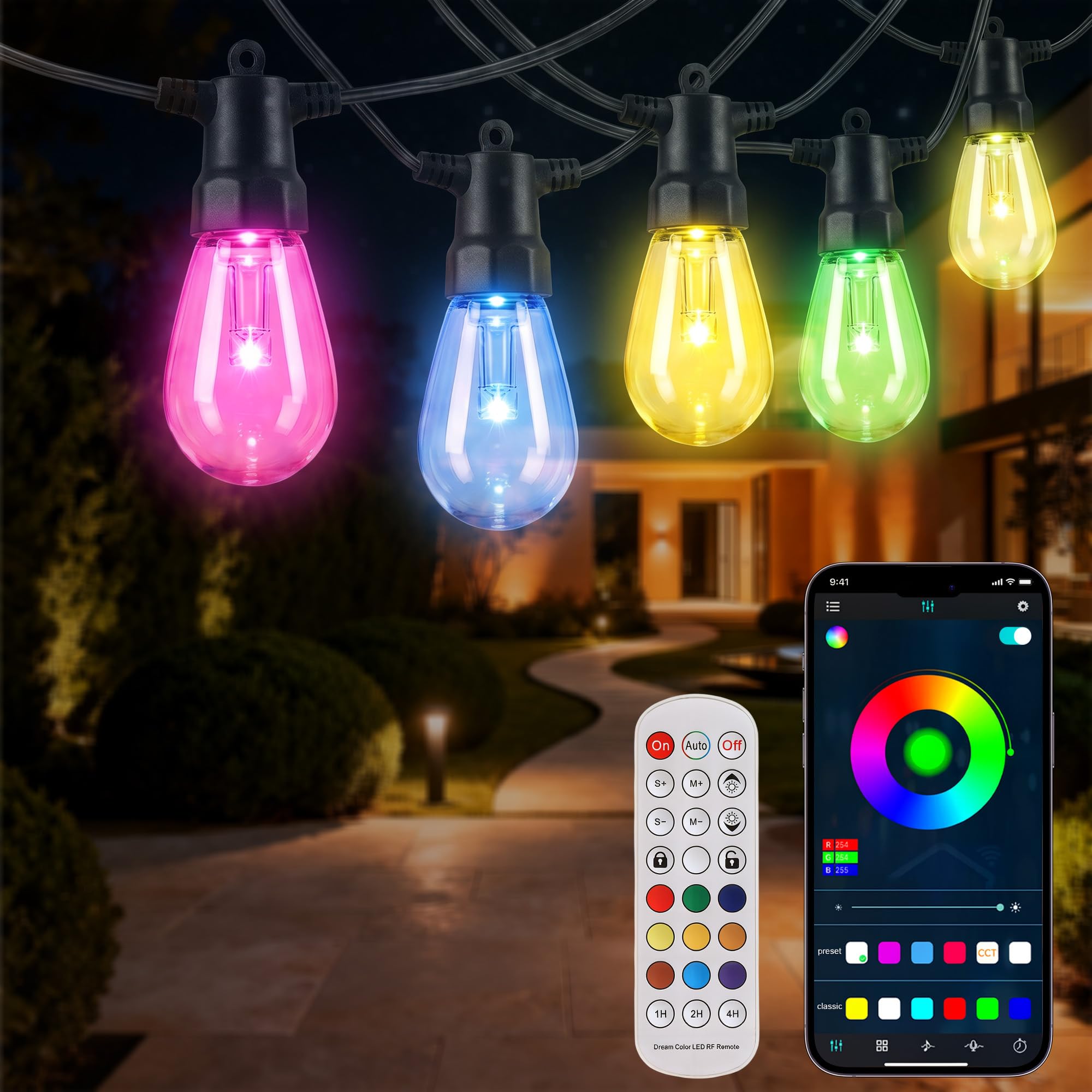 Photo 1 of homchy Smart Outdoor String Lights, 50FT RGB Color Changing Patio Lights with Timer, 21-Key RF Remote and Bluetooth, IP65 Waterproof Shatterproof LED Lights for Backyard Balcony Garden Party Decor