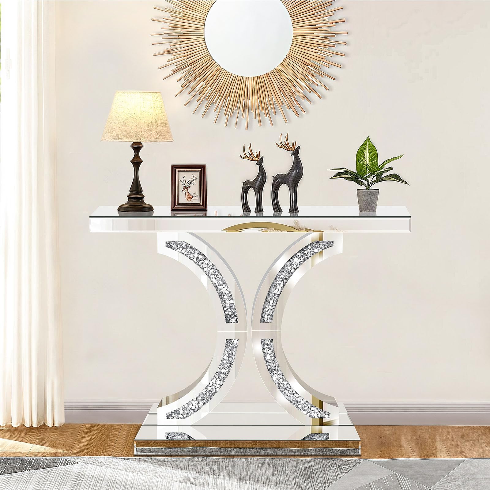 Consola de espejo plateada con incrustaciones de diamantes, mesa de cristal de 100 cm, marco en forma de C, mesa moderna para salón, pasillo, vestíbulo