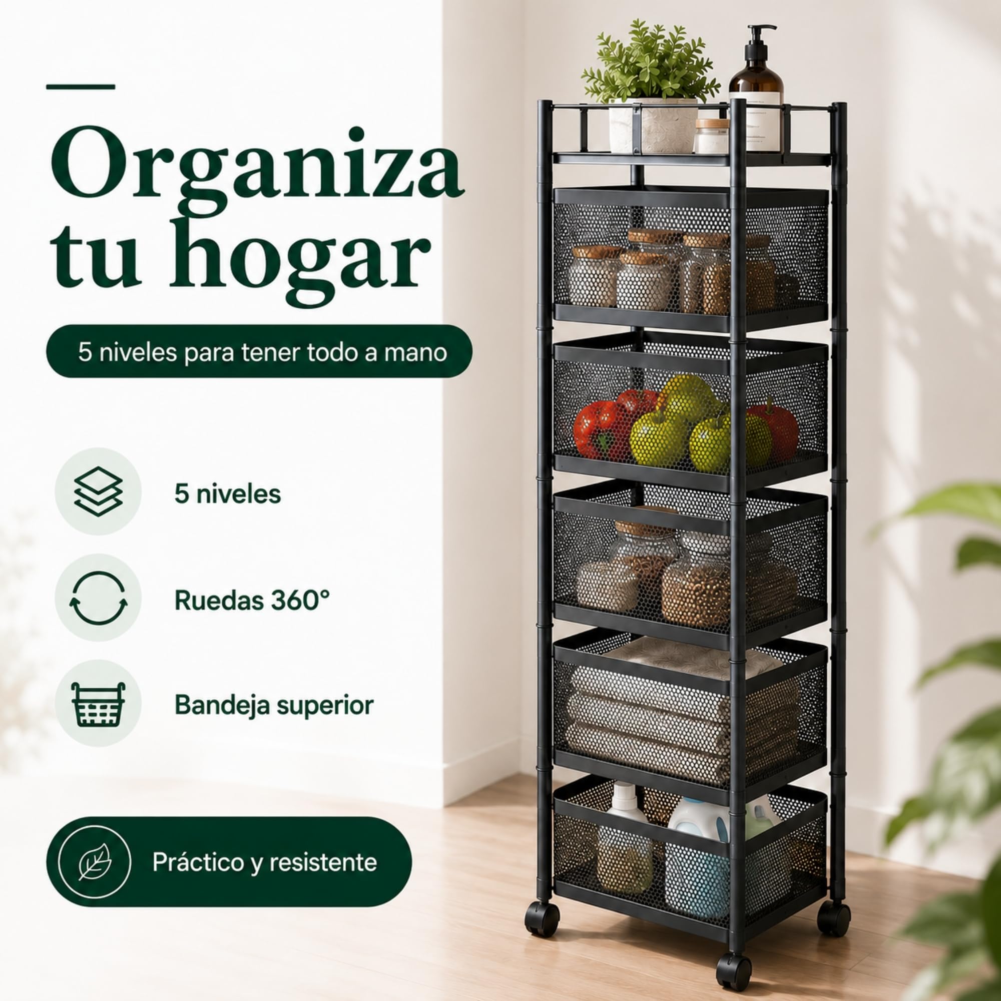 UZIRO Carrito Auxiliar con Ruedas, Verdulero Cocina 90 x 27 x 27 cm con 5 Cestas Giratorias, Ruedas 360° con Bloqueo, Capacidad de Carga de 75 kg, Carrito Organizador, Frutero con Ruedas