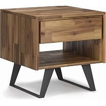 SIMPLIHOME Lyall 16" Wide Solid Wood Round End Table in Natural | Modern industrial accent table with a storage drawer and open shelf, angled legs; side table or accent table for living room.