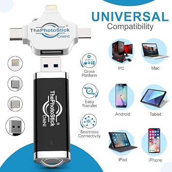 ThePhotoStick Omni 128GB + Protective Case - Secure Photo & Video Backup and Transfer, Digital File Organization, USB & Multiport Connection for Phones, Tablets and Computers, Water Resistant Case
