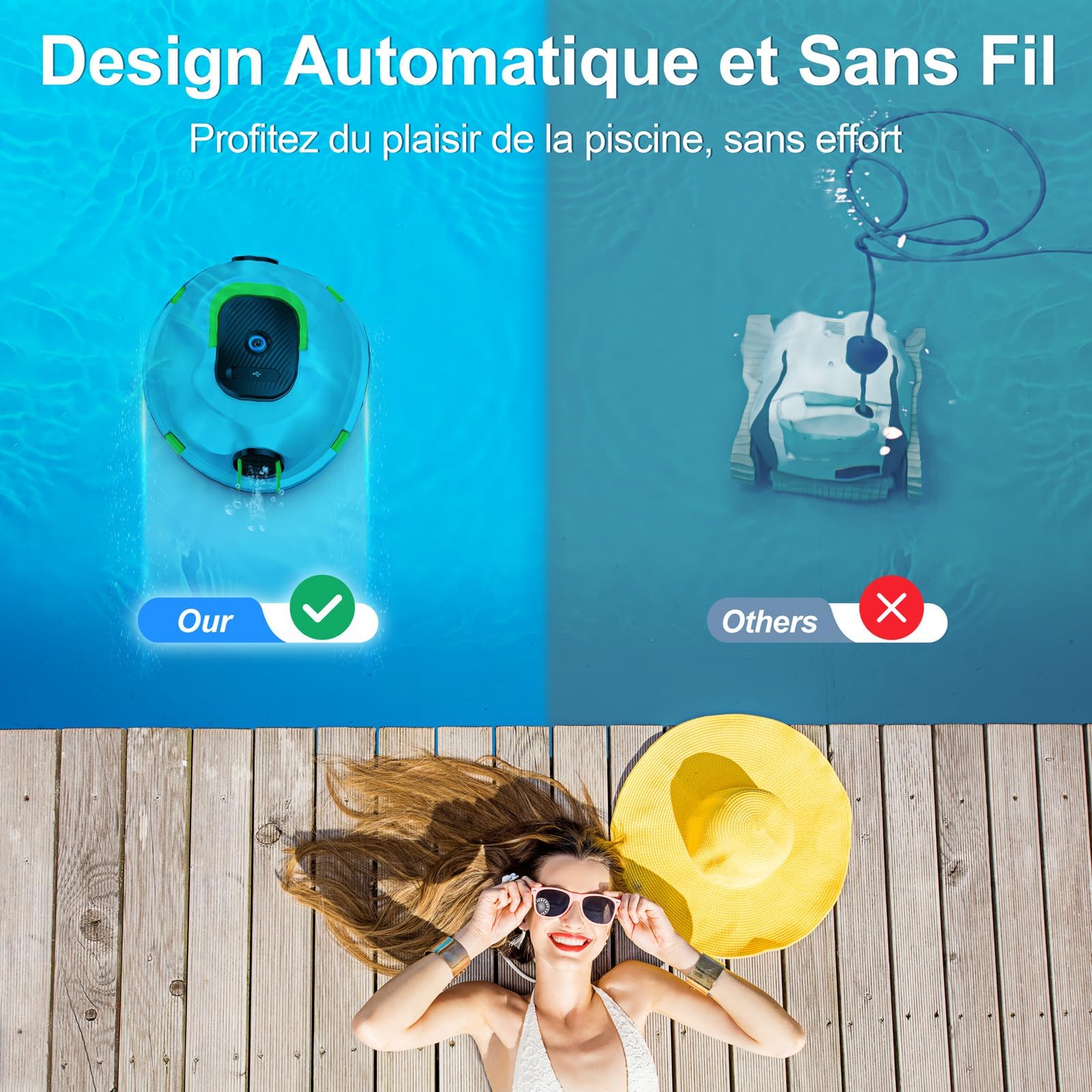 MEDOXA Robot de Piscine sans Fil, aspirateur de Piscine Automatique, 120 Minutes d'autonomie, stationnement Automatique, léger, Puissant Robot pour Piscine Hors-Sol/enterrée jusqu'à 110 ㎡(Blancbleuté)