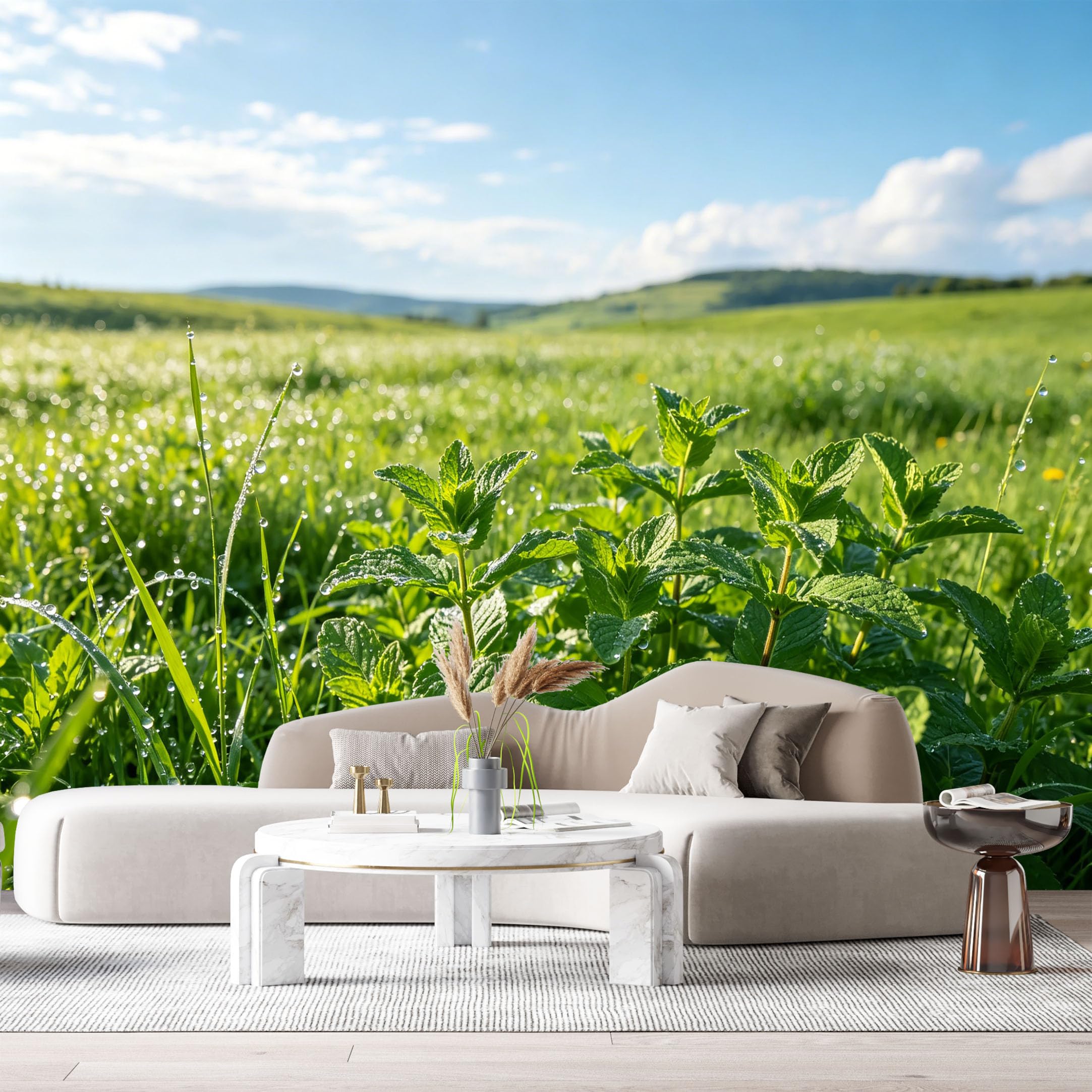 Custom Size Wall Murals Morning Dew Botanical Field Landscape Sunlight Green Leaves SelfAdhesive Wall Fabric Removable Large Wallpaper for Photo Living Room