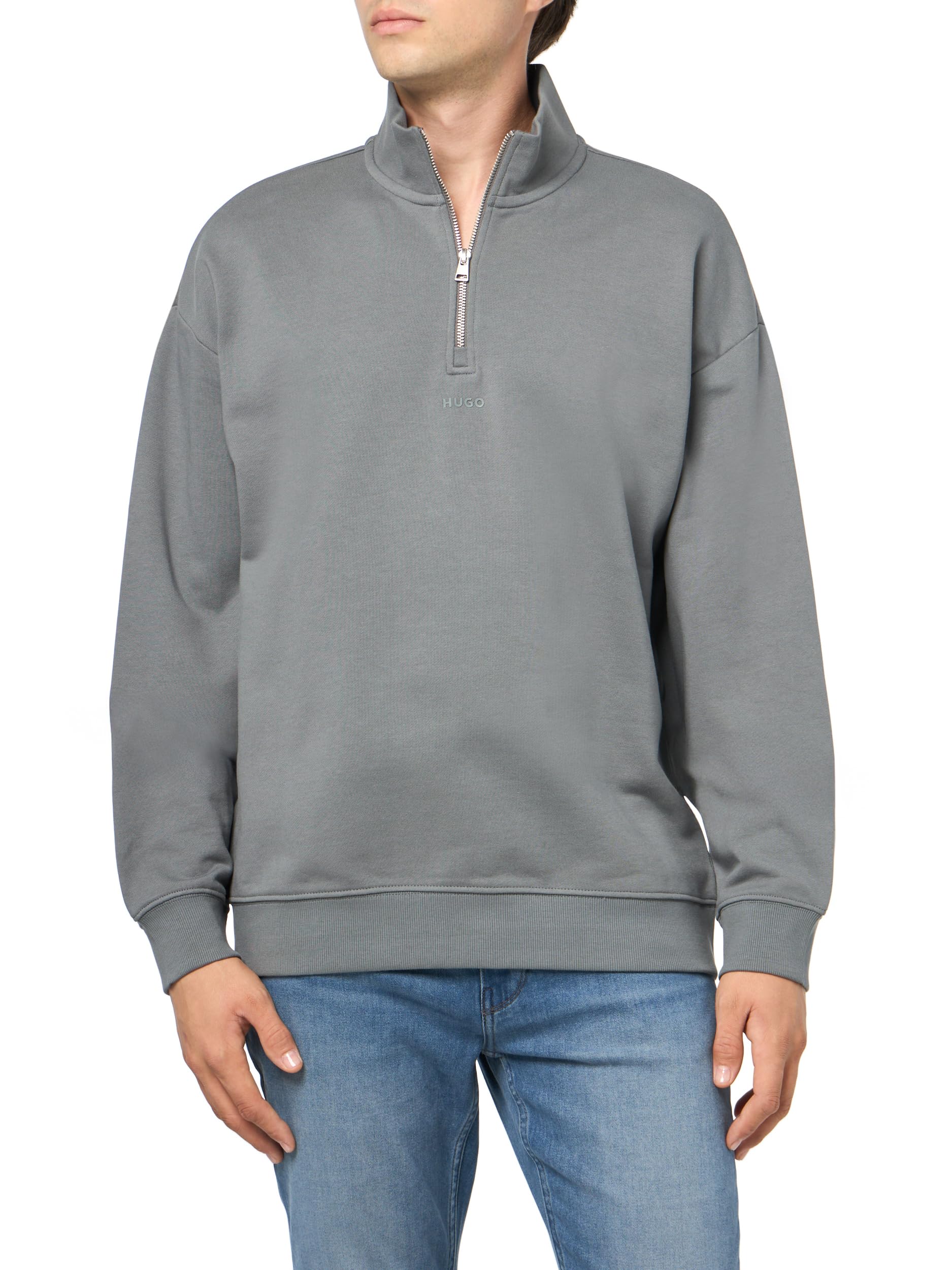 HUGO Men's Square Logo Quarter Zip Cotton Long Sleeve Sweatshirt, Lava Smoke, XXL
