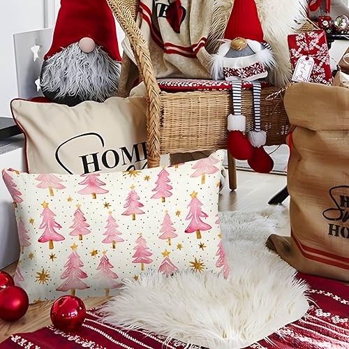 Miniatura 5 de Christmas Pink Pillow Covers 12x20 Inch, Winter Pink Trees Lumbar Cover,Seasonal Xmas Decoration for Home Décor Throw Cushion Case for Sofa Couch
