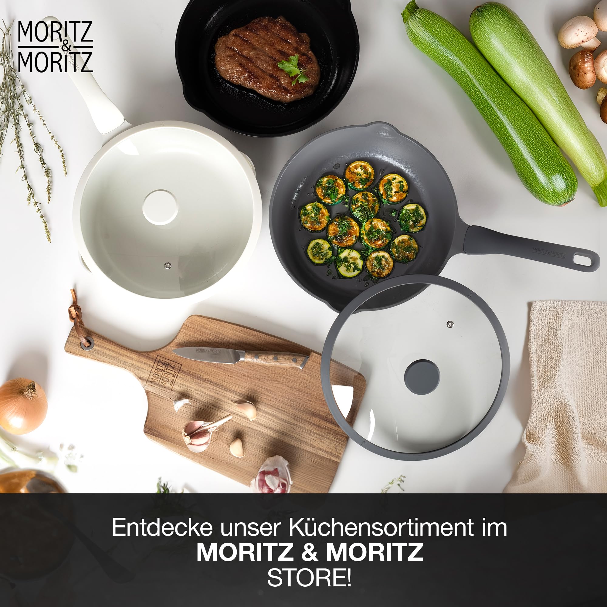Moritz & Moritz Keramik Pfanne mit Deckel 26cm - frei von PFAS, PFOA & PTFE - Antihaft Bratpfanne 26cm - Schmorpfanne für alle Herdarten geeignet - Ideal zum Braten, Schmoren und Servieren - Schwarz