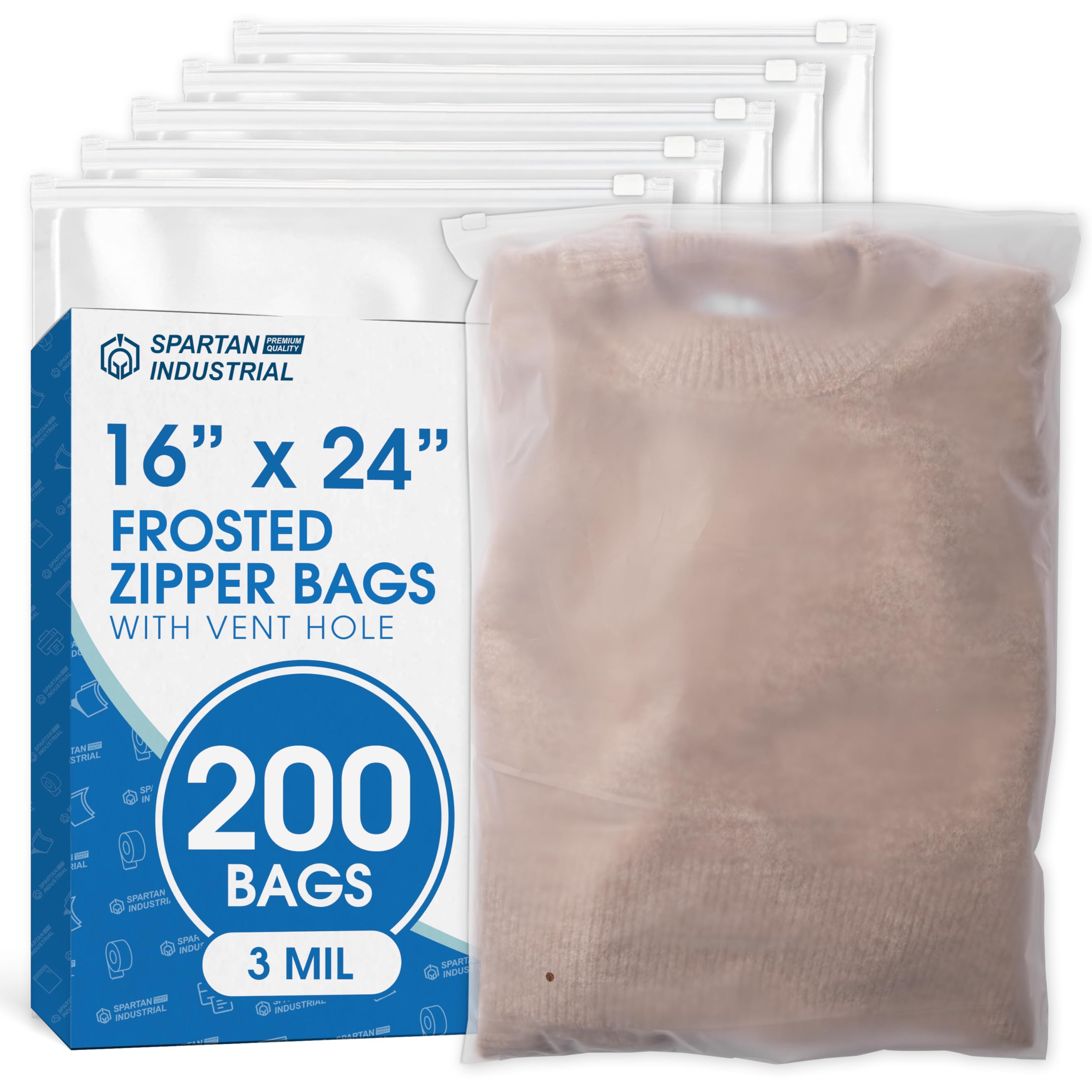 Spartan Industrial - 40,6 x 61 cm (200 Stück) mattierte Reißverschlussbeutel mit Belüftungsloch – extra große Plastiktüten zum Verpacken mehrerer Jacken, Bettwäsche, Perücken