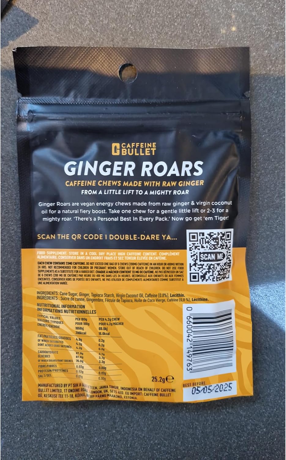 Ginger Roars - 120 Caffeine Gummies - Plant Based Caffeine Chews Each 33mg Caffeine, Made from Root Ginger with a Natural Fiery Kick for Improved Energy for Running, Cycling, preworkout & Focus.