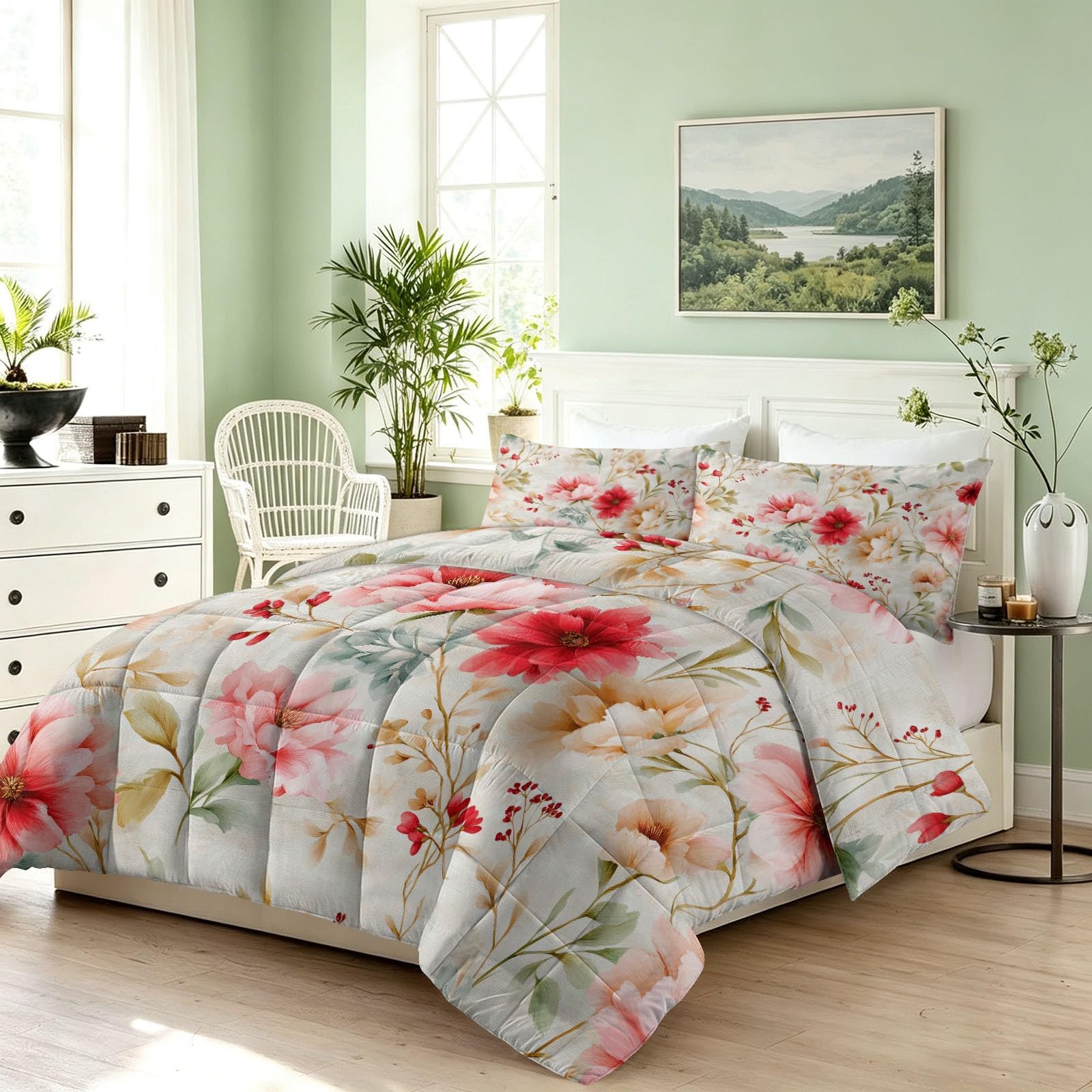 Générique Trapunta senza copripiumino vintage floreale 220 x 240 cm Flower Branch Trapuntato Trapuntato Estivo con 2 Federe Cuscini Bianco Set da Letto Matrimoniale Reversibile Morbido Lavabile in