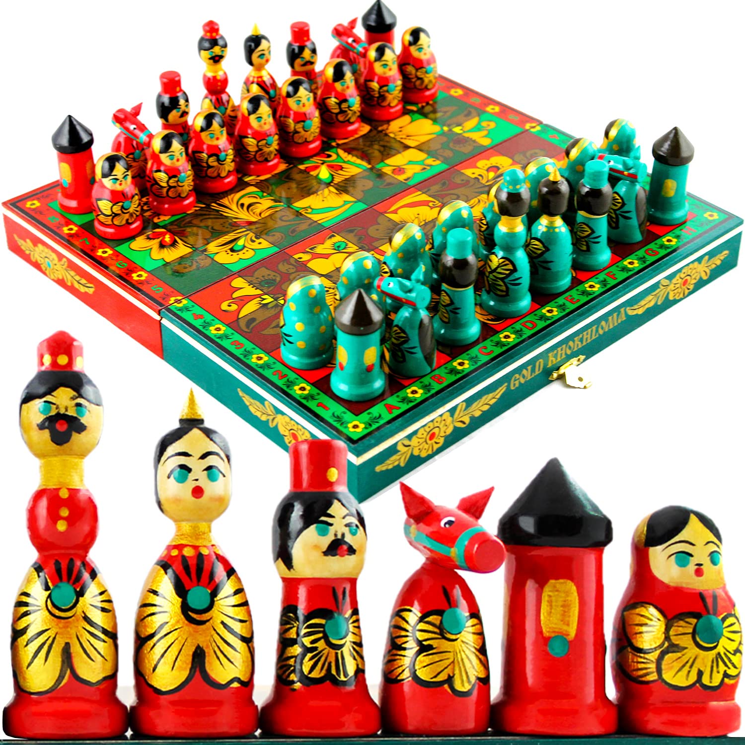 Handmade Wooden Chess Set Khokhloma - Hand Painted Wooden Chess Pieces as Matryoshka Dolls - Couples Games - Chess Gifts - Russian Souvenir Chess Game