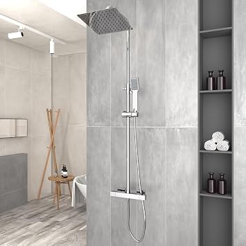 Thermostat Shower Mixer Set Chrome Square Rainfall Shower System with 200mm Overhead & Handheld Shower Head