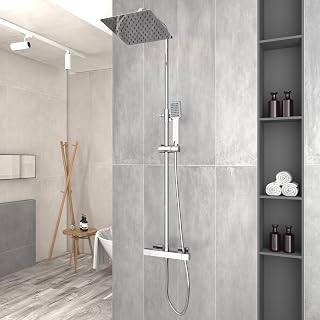 Chrom Duschsystem mit Thermostat Wassersparend mit Handbrause und t Kopfbrause Rechteckig,Thermostat Duschset 304 rostfreier Stahl