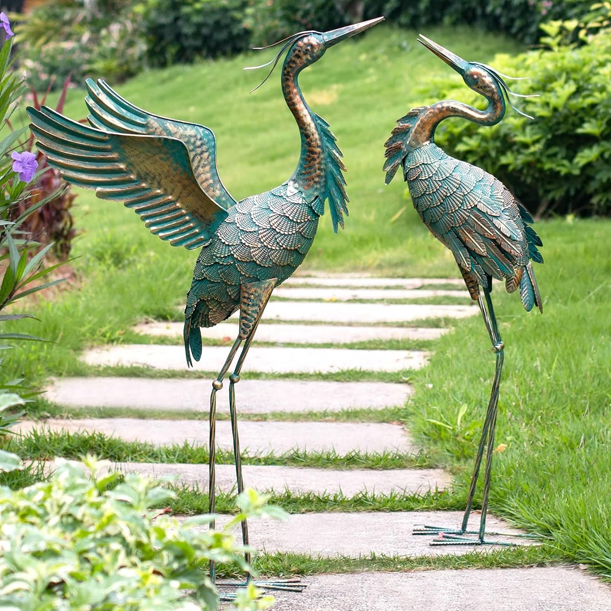 Estatuas de jardín de garza de metal para exteriores Natelf | Arte de decoración de escultura de pájaro grande, escultura, resistente a la intemperie, hecho a mano para patio, patio, hogar