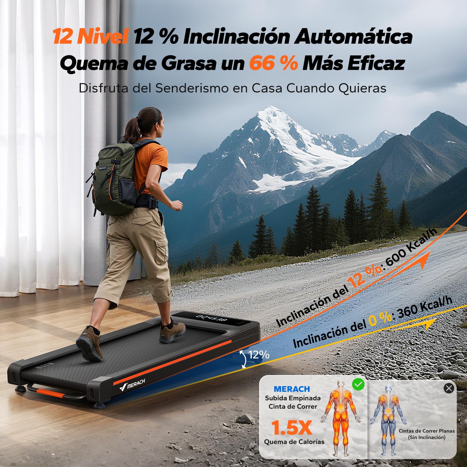 MERACH T25 Cinta de Correr, 10%/12% Inclinación Automática Cinta de Andar | 3.5HP Walking Pad, Treadmill Capacidad 180KG, 1-6km/h Caminadora Electrica para Casa y Oficina, 42x102cm, App y Remoto