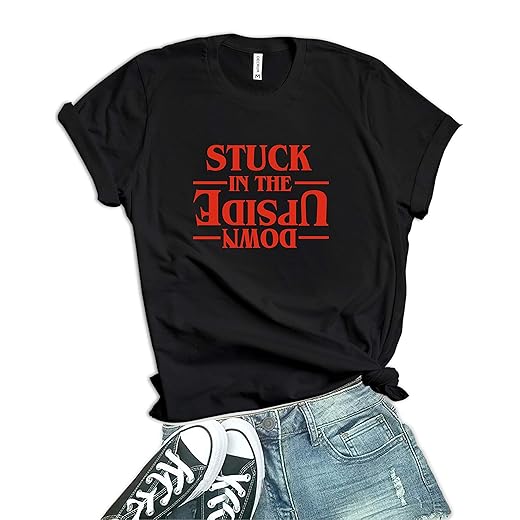 Black Womens Stranger Merchandise Vintage Things Stuck Upside Down Shirts | [40021015-CP] Up Down, XL