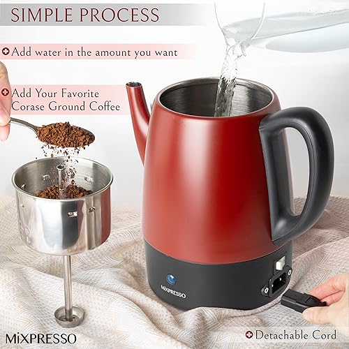 Miniatura 6 de Mixpresso Cafetera eléctrica roja pequeña percoladora de 4 tazas, cafetera de acero inoxidable, Percolador de café eléctrico con función de mantener