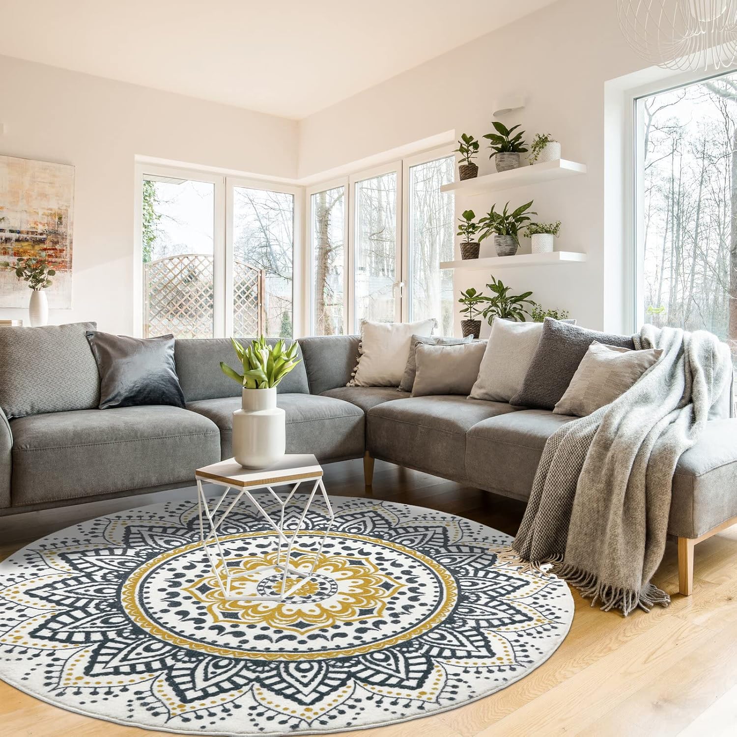 HEBE Washable Round Area Rug 5.2ft Non Slip Vintage Circle Rugs for Bedroom Soft Non Shedding Boho Round Bedside Carpet for Living Room Dining Room Bathroom College Dorm