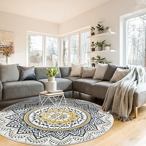 Miniatura 8 de HEBE Alfombra redonda lavable de 5.2 pies antideslizante vintage para dormitorio, suave, no se desprende, alfombra redonda bohemia para sala