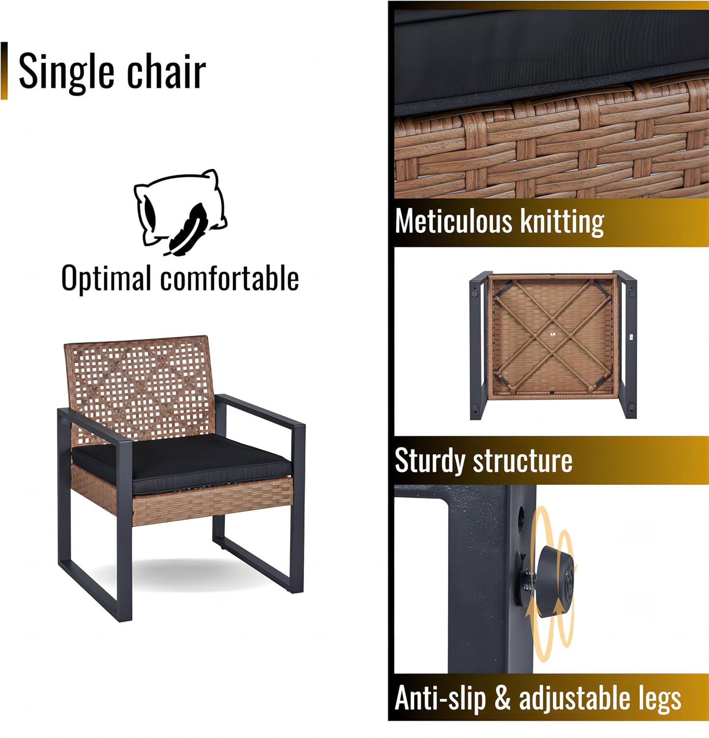 Patio Furniture Set, Outdoor Table and Chairs, 4-Piece Wicker Outdoor Patio Furniture Set with Acacia Wood Table, Adjustable Chair Legs and Waterproof Cushions for Outdoor Patio Lawn, Brown & Black