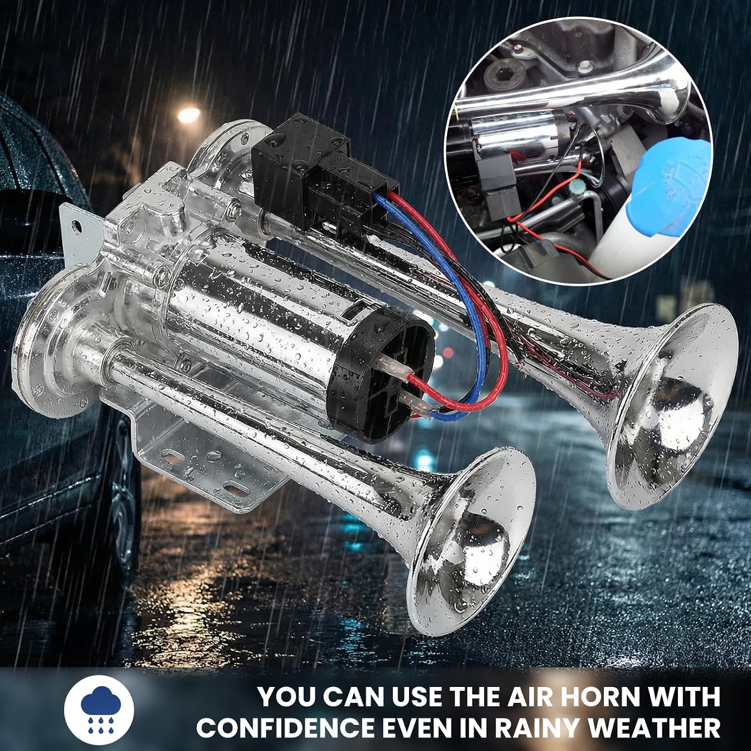 12V Car Air Horn, 120DB Super Loud Dual Trumpets Train Horn Replacement Kit with Compressor, Waterproof Electric Air Horns for Cars Trucks Motorcycles, Car Accessories (Silver)